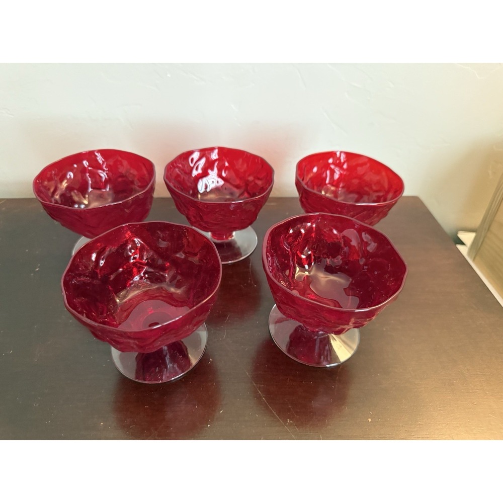 5 Morgantown Glass Vintage Crinkle Seneca Driftwood Ruby Red Sherbet Champagne